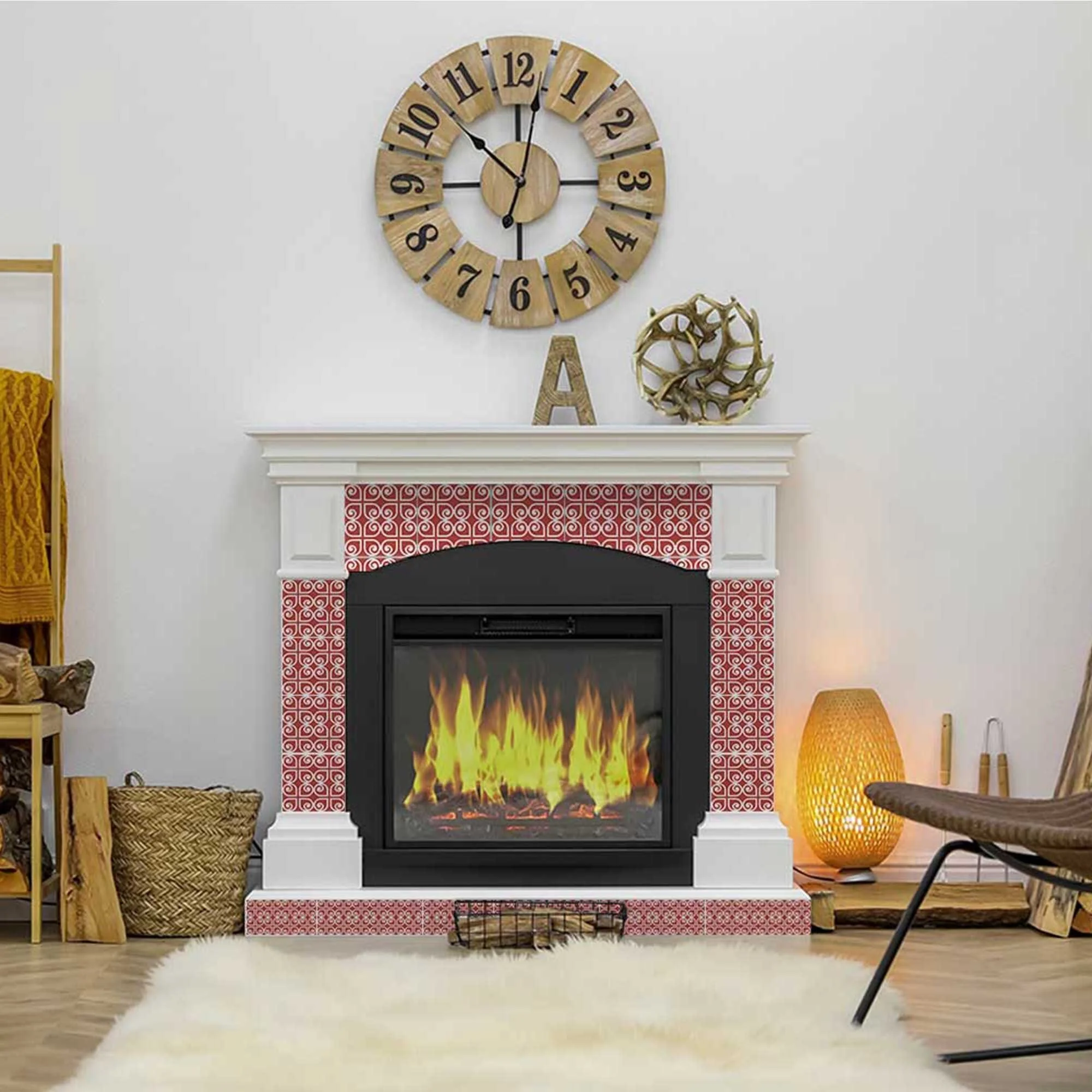 5" x 5" Brick Red And White Scroll Peel and Stick Removable Tiles - Image 7