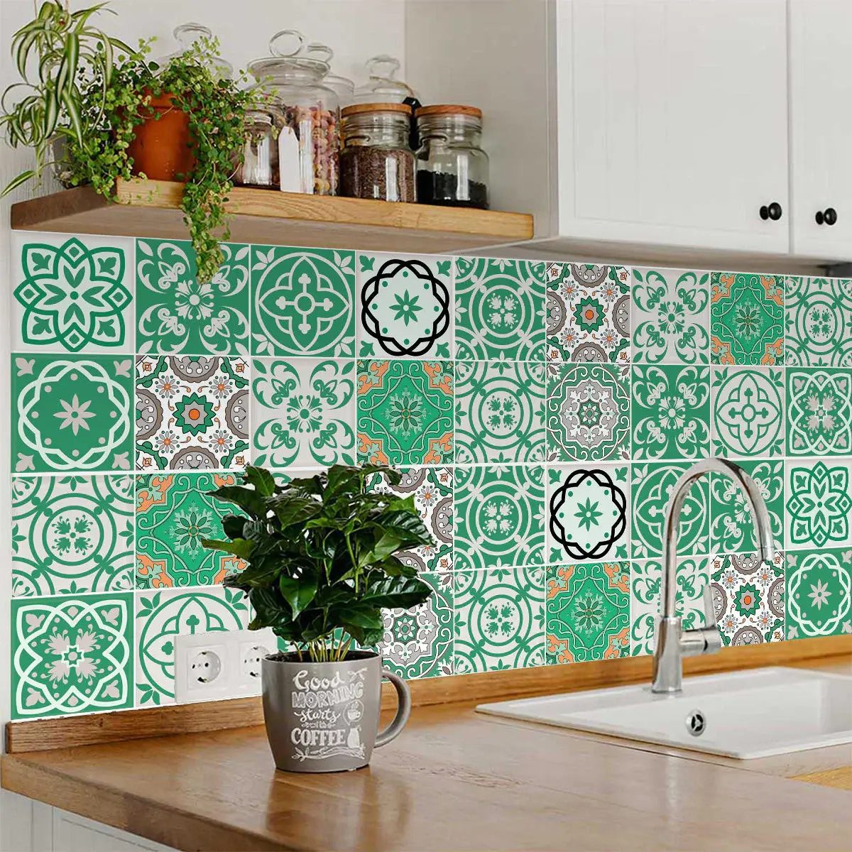 5" X 5" Green And White Mosaic Peel And Stick Removable Tiles - Image 6