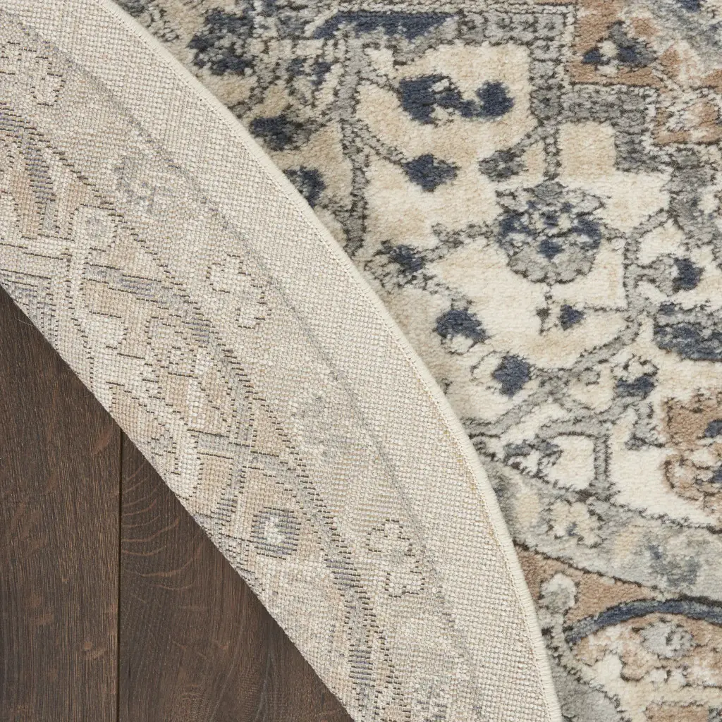 5' X 5' Ivory And Grey Round Oriental Non Skid Area Rug - Image 4