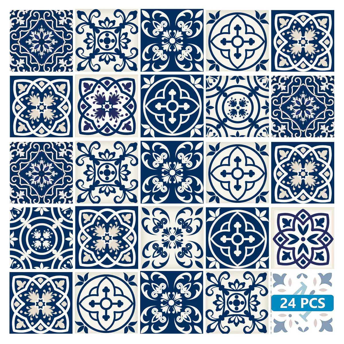 5" X 5" Midnight Blue And White Peel And Stick Removable Tiles - Image 2