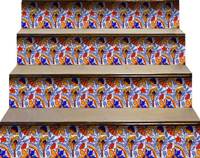 5" X 5" Orange Red And Blue Peel And Stick Removable Tiles