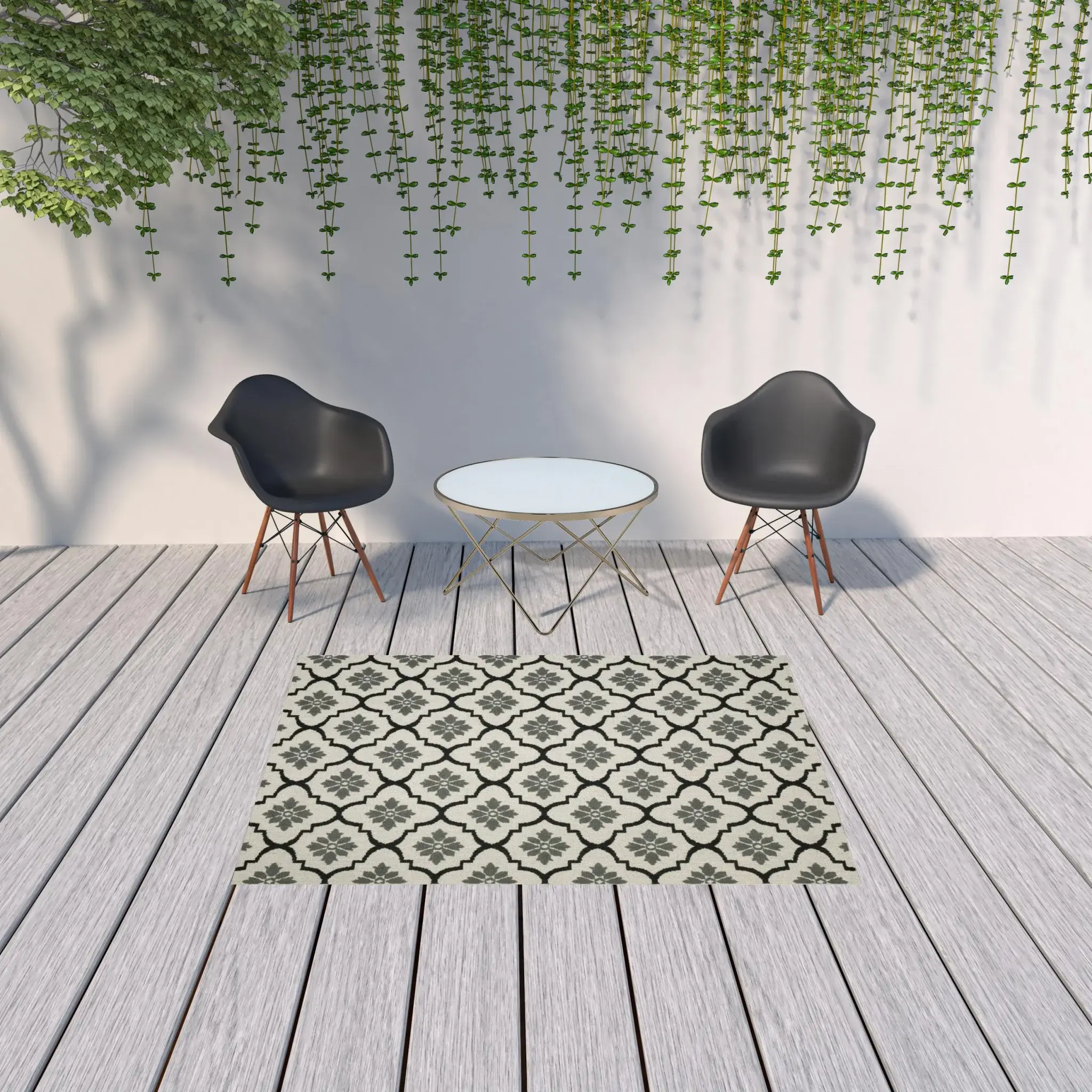 5' X 7' Beige and Black Geometric Stain Resistant Indoor Outdoor Area Rug - Image 2