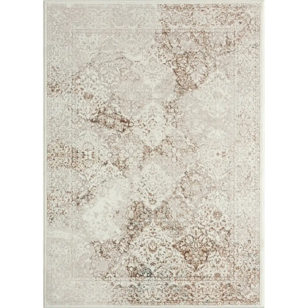 5' X 7' Beige Cream And Brown Damask Stain Resistant Area Rug - Image 2