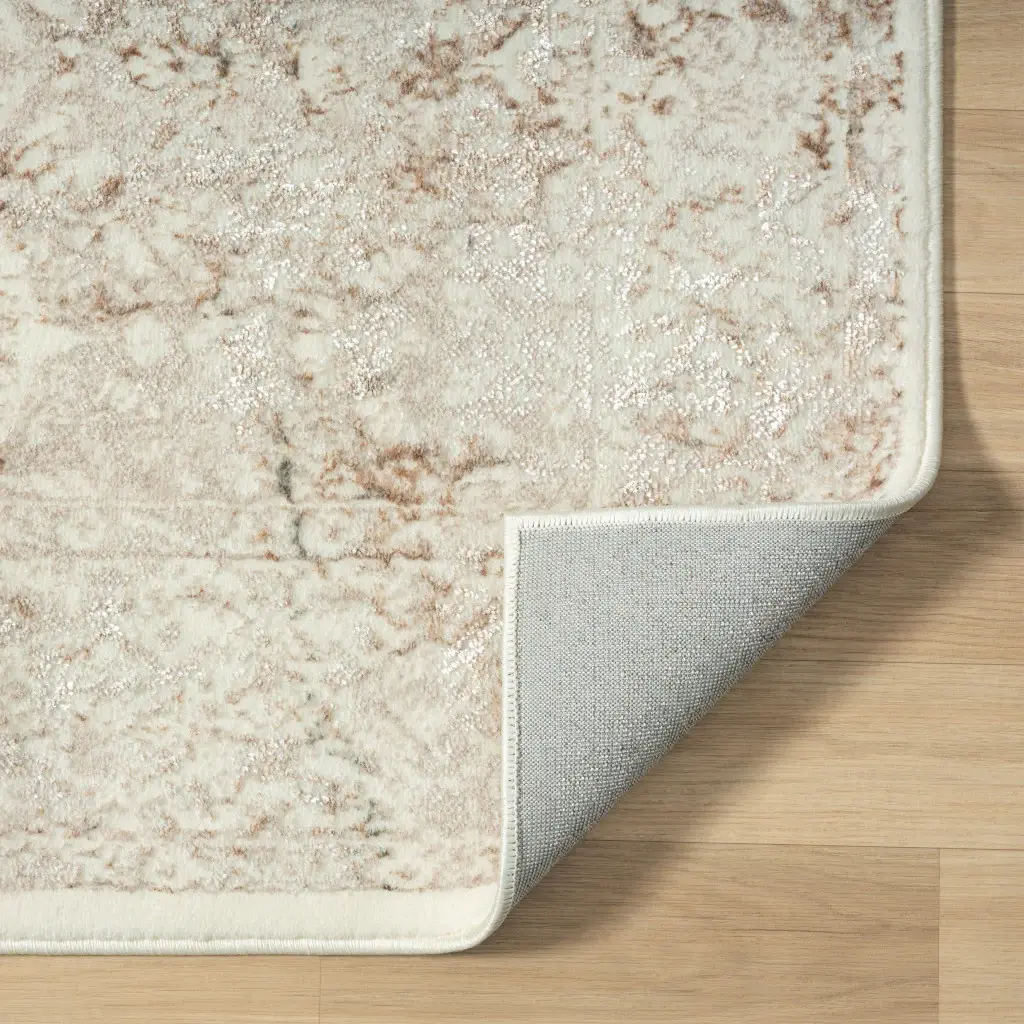 5' X 7' Beige Cream And Brown Damask Stain Resistant Area Rug - Image 6