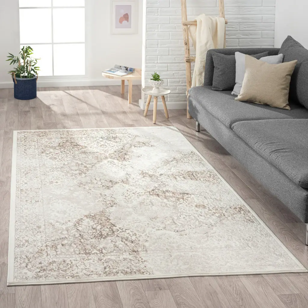 5' X 7' Beige Cream And Brown Damask Stain Resistant Area Rug - Image 7