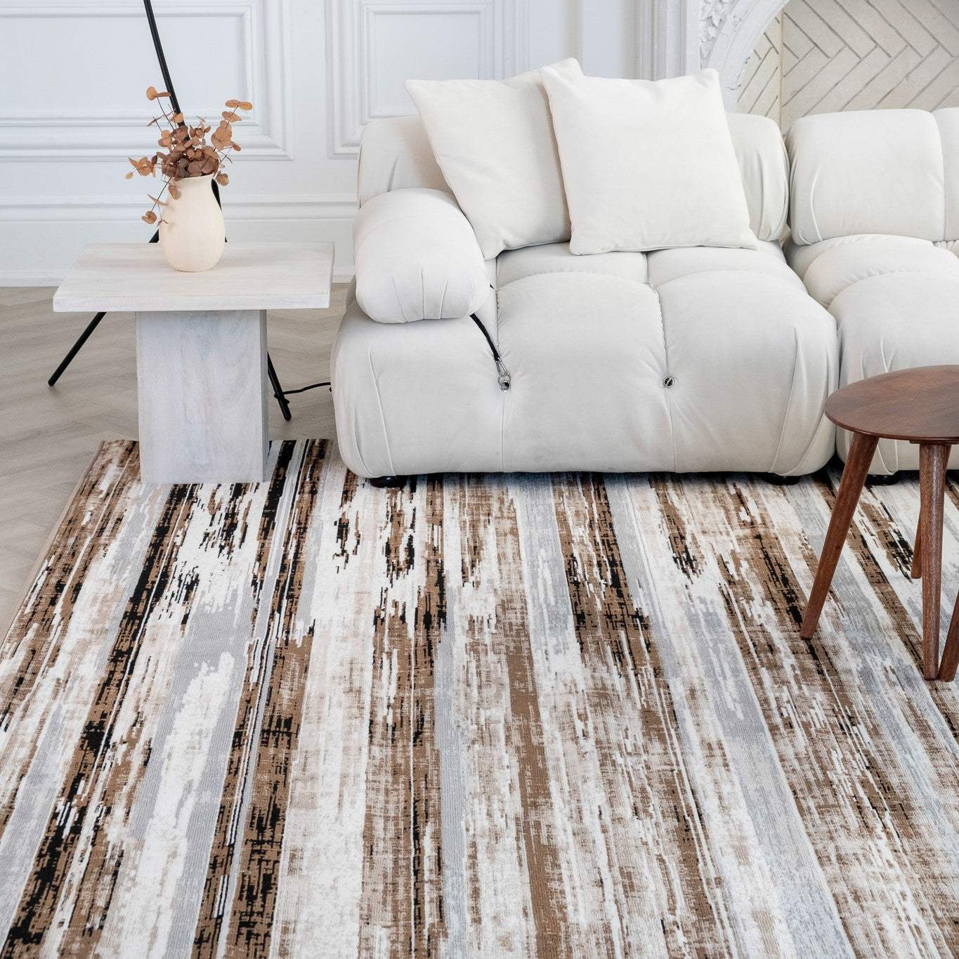 5' X 7' Beige Striped Dhurrie Area Rug - Image 4