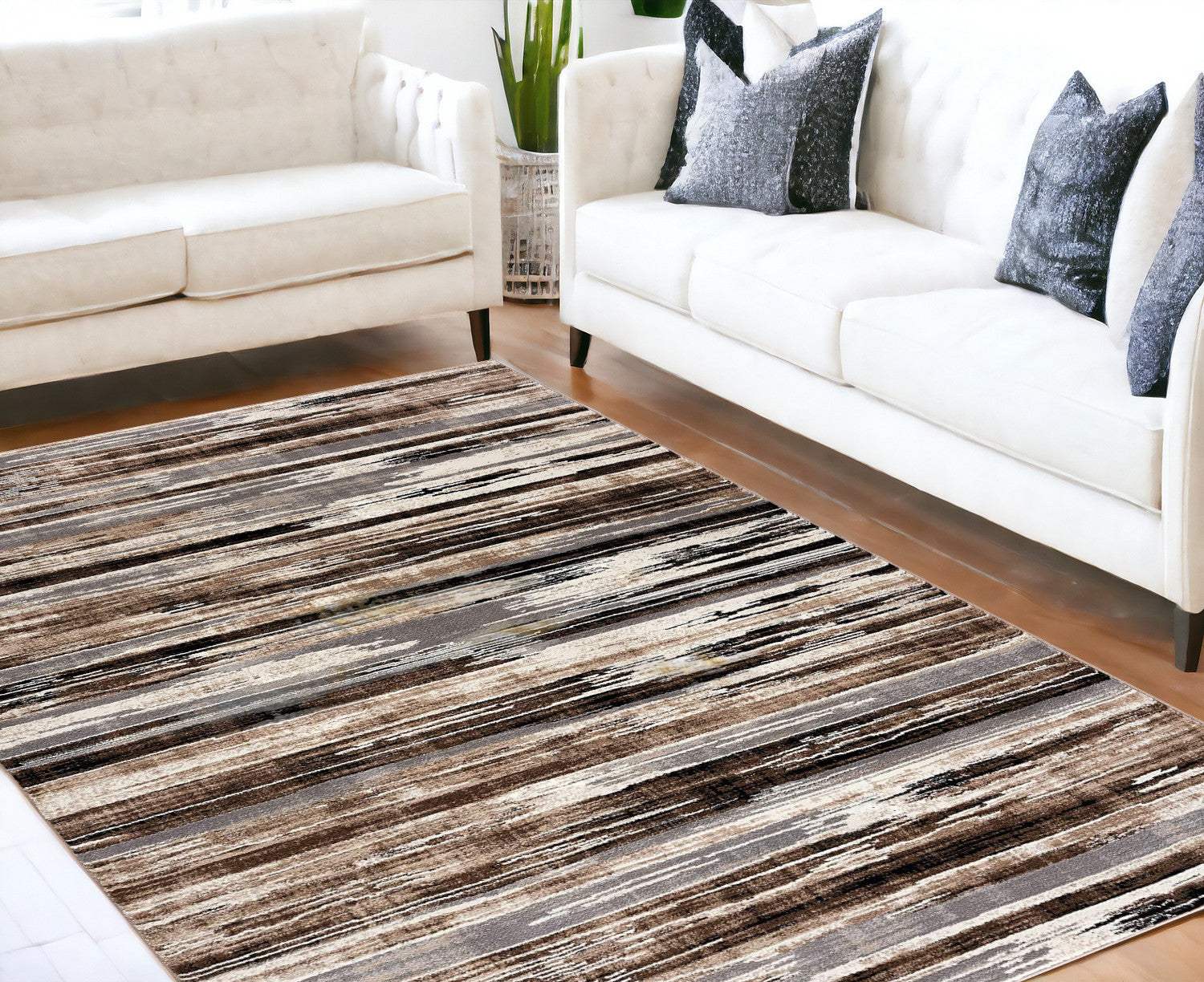5' X 7' Beige Striped Dhurrie Area Rug - Image 5