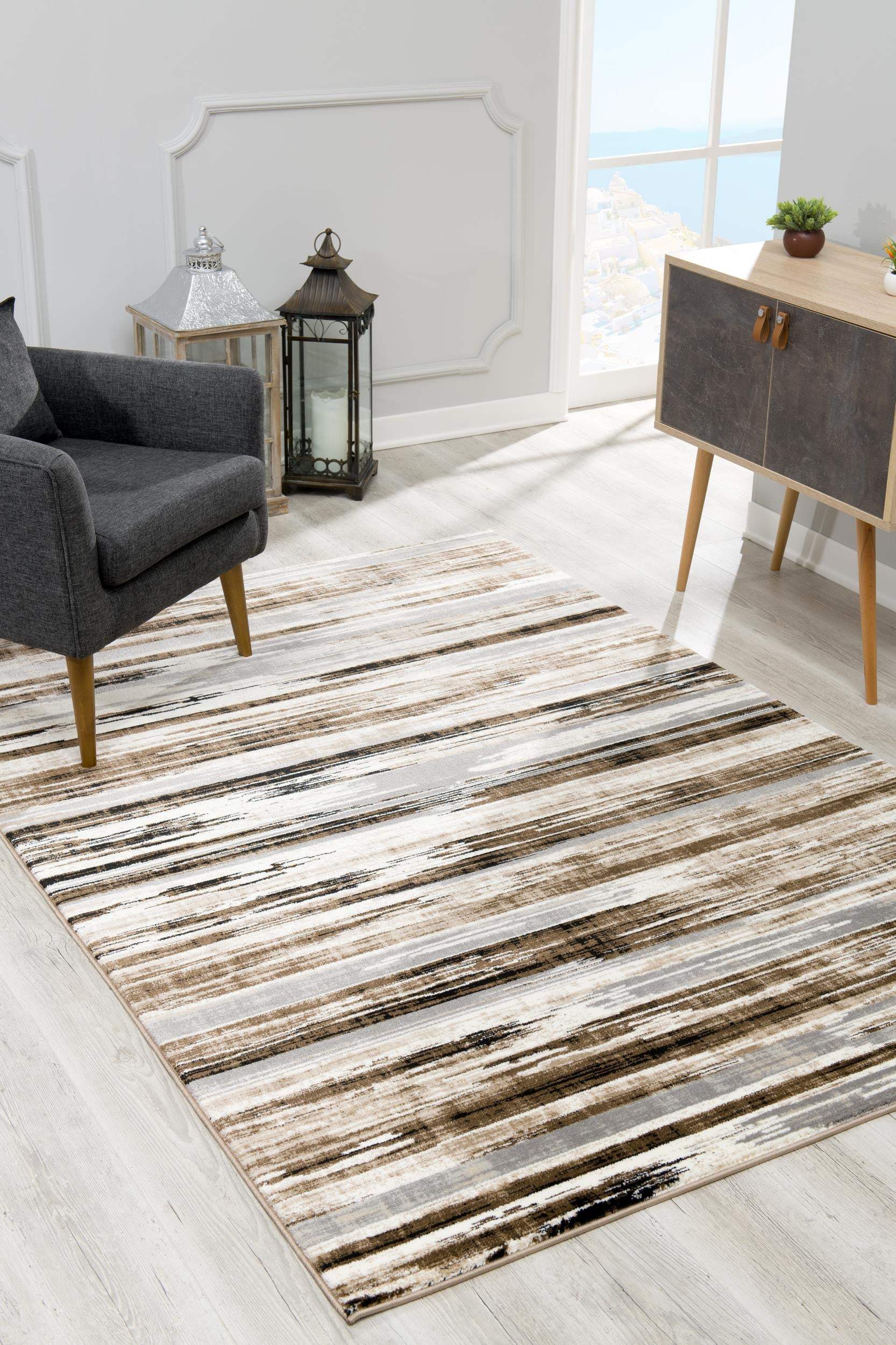 5' X 7' Beige Striped Dhurrie Area Rug - Image 6