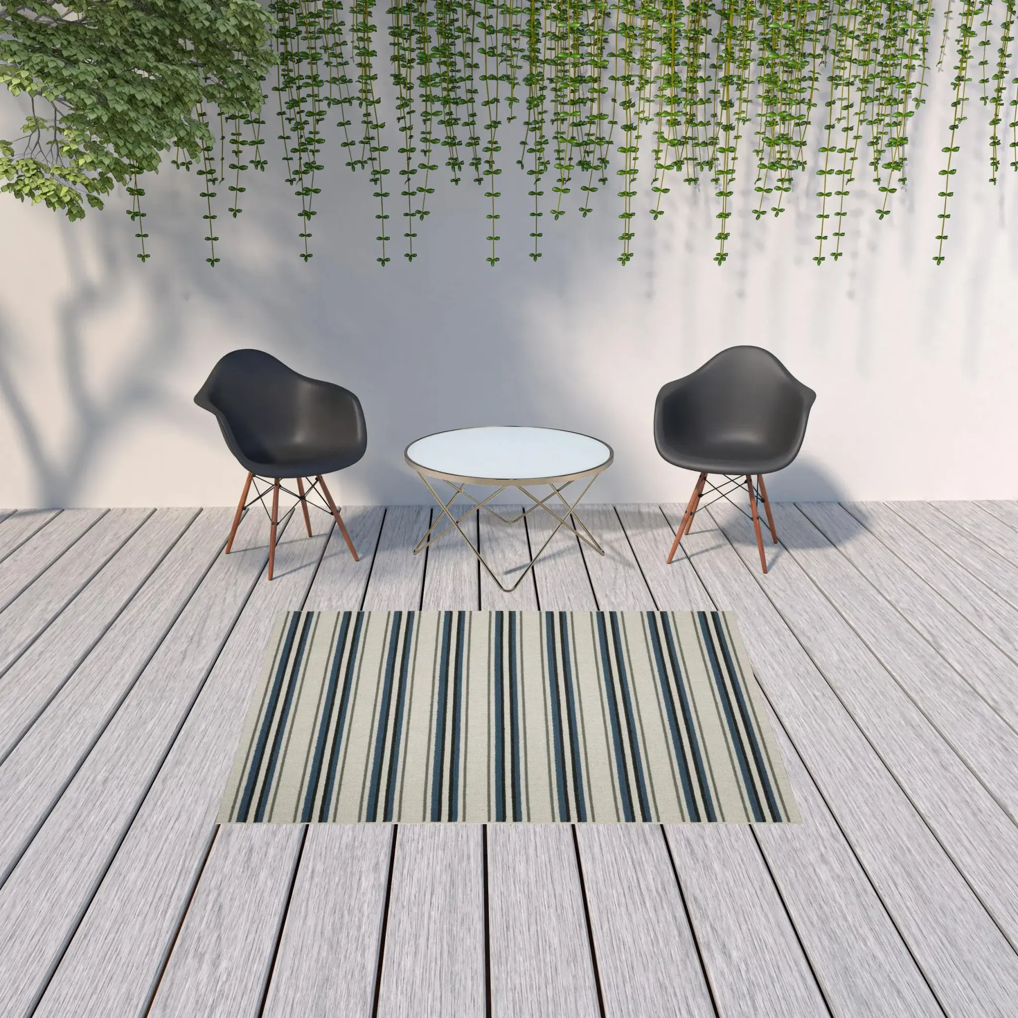 5' X 7' Blue and Beige Geometric Stain Resistant Indoor Outdoor Area Rug - Image 2