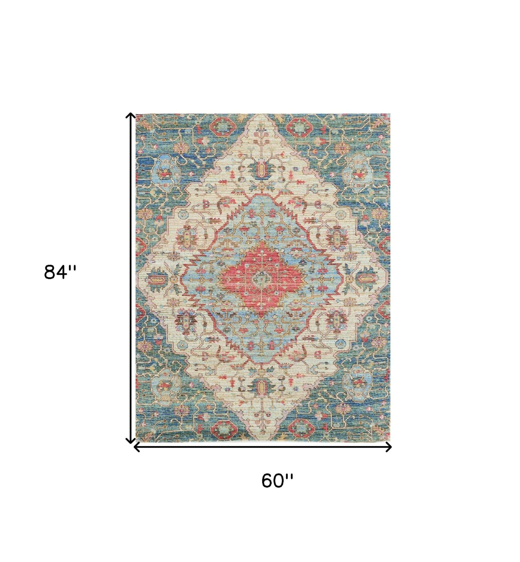 5' X 7' Blue and Beige Medallion Hand Woven Distressed Area Rug - Image 3
