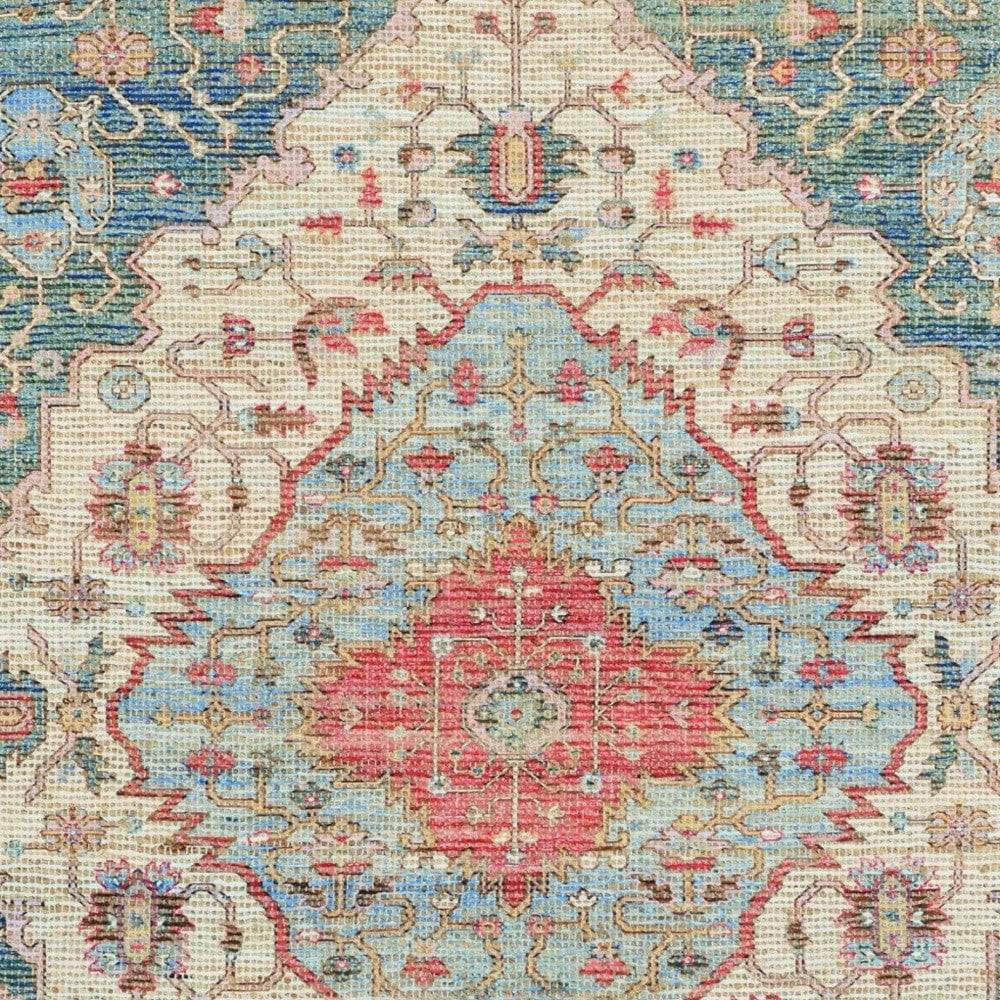 5' X 7' Blue and Beige Medallion Hand Woven Distressed Area Rug - Image 4