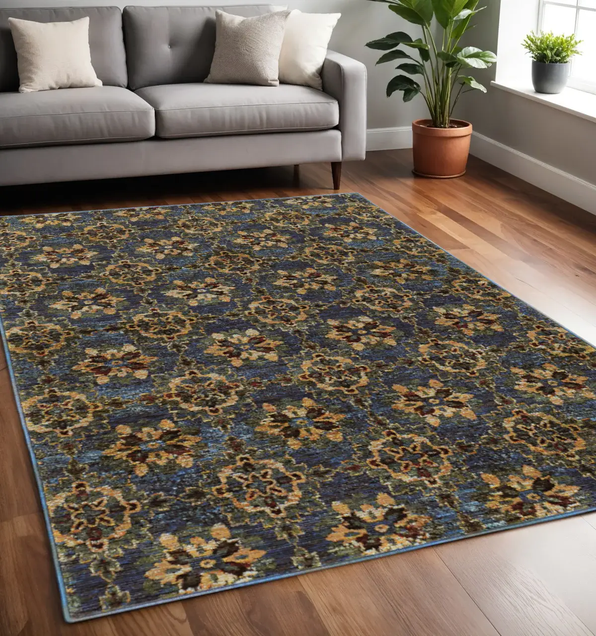 5' X 7' Blue and Gold Oriental Power Loom Area Rug