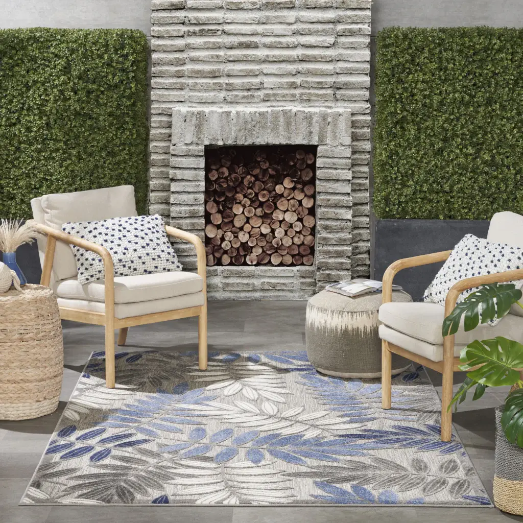 5' X 7' Blue And Gray Floral Stain Resistant Indoor Outdoor Area Rug - Image 5