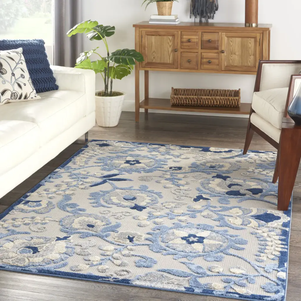 5' X 7' Blue And Grey Toile Non Skid Indoor Outdoor Area Rug - Image 7