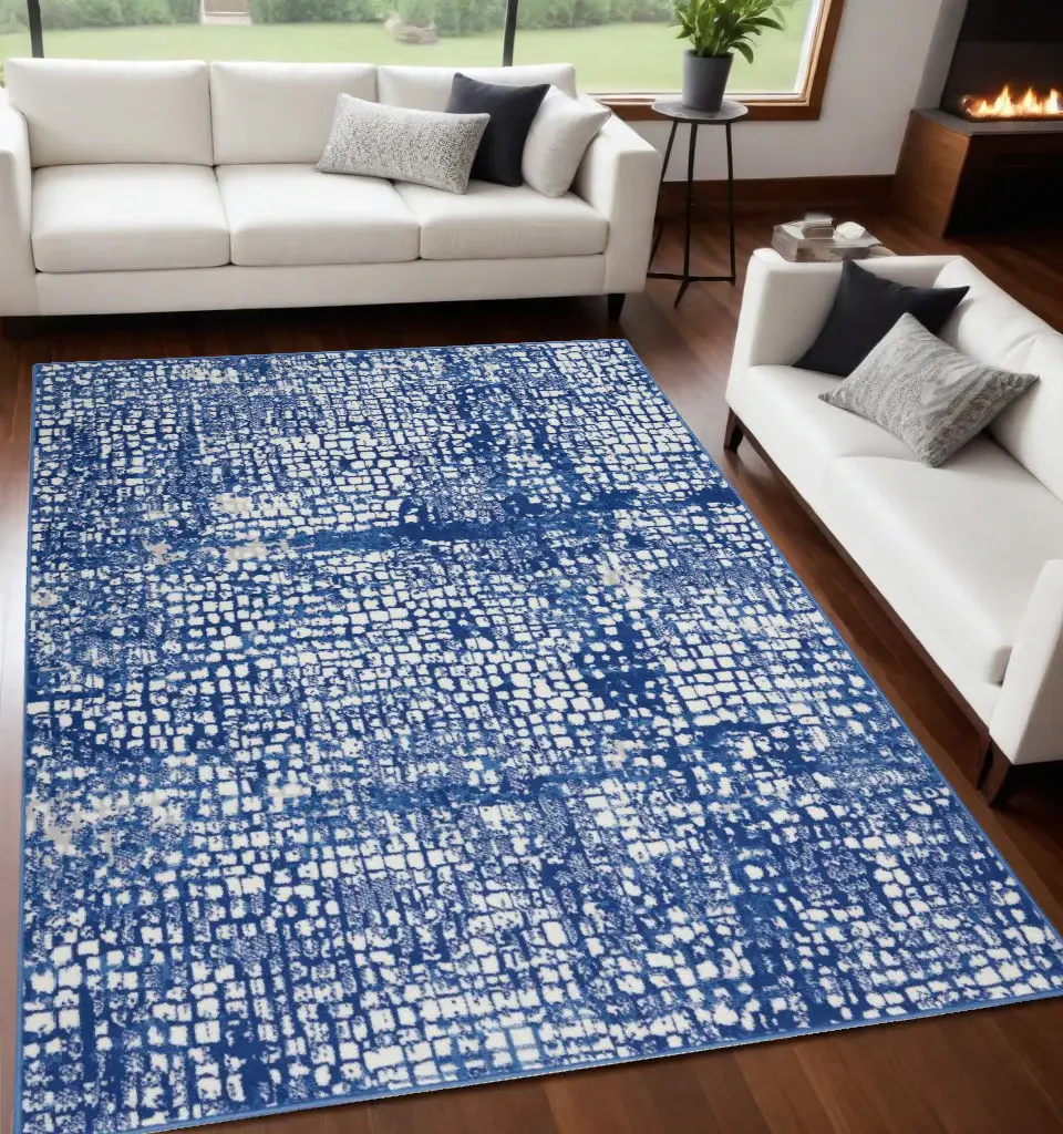 5' X 7' Blue And Ivory Abstract Dhurrie Area Rug