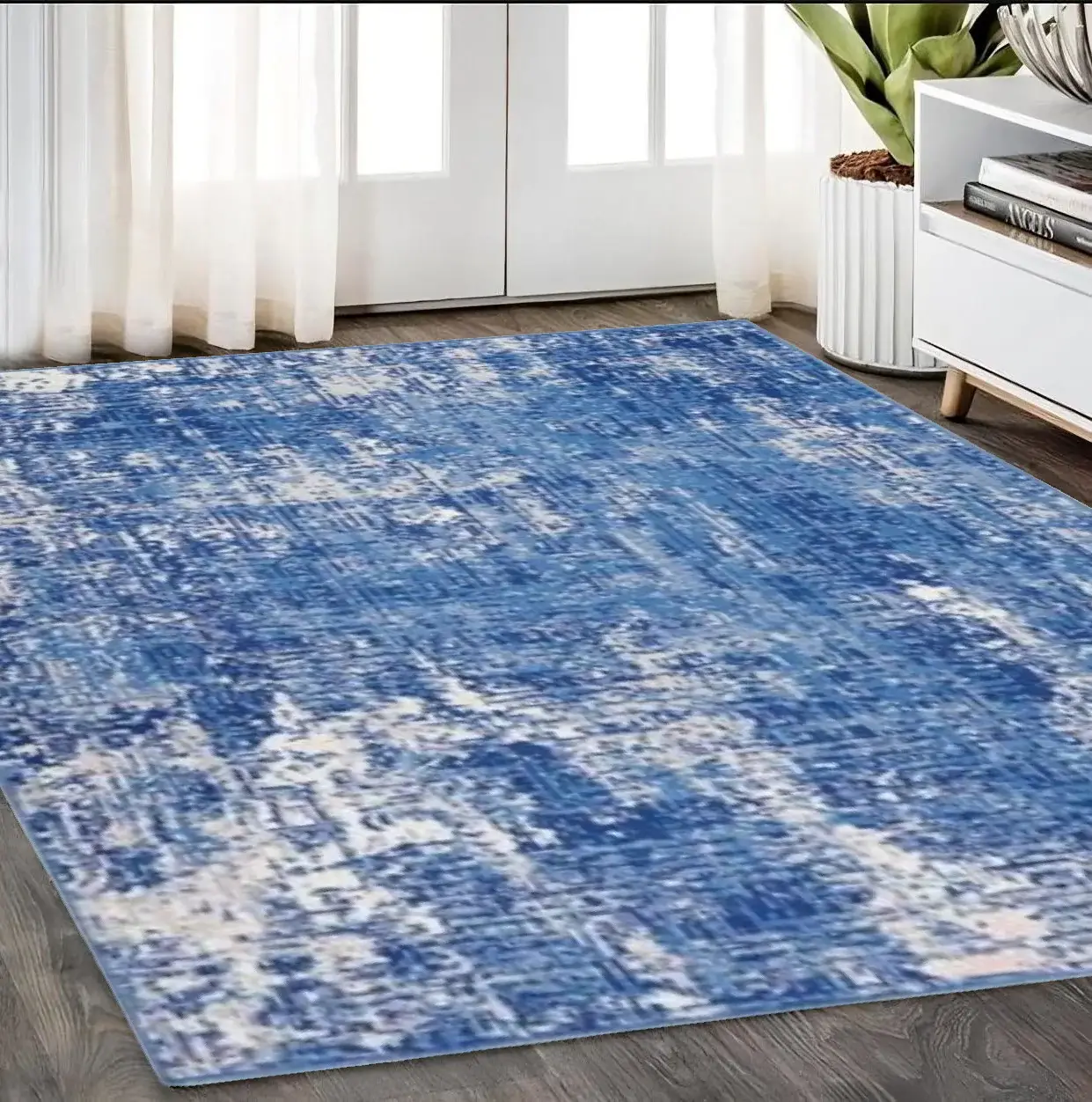 5' X 7' Blue And Ivory Abstract Dhurrie Area Rug