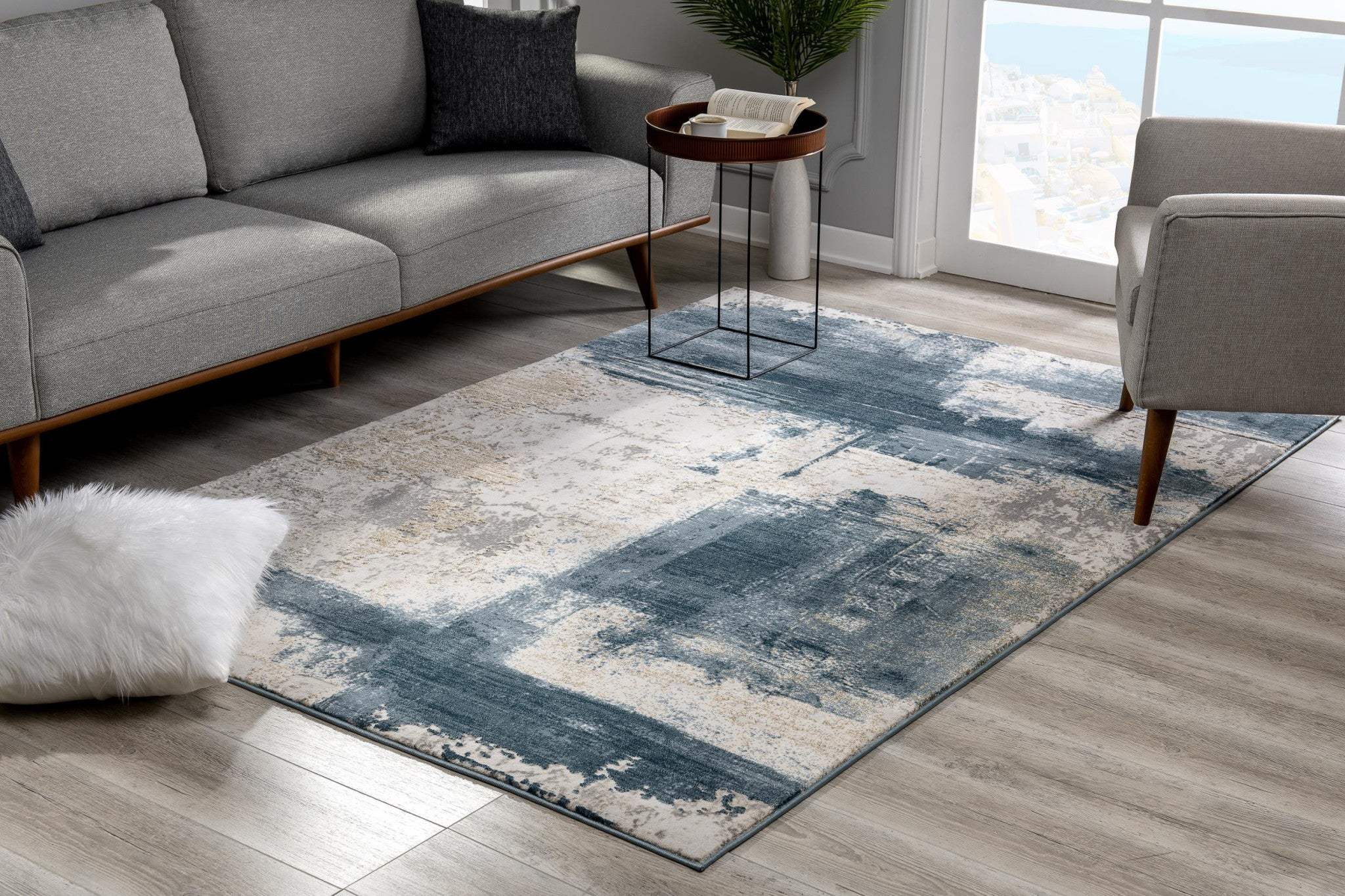 5' X 7' Blue And Ivory Abstract Dhurrie Area Rug - Image 4