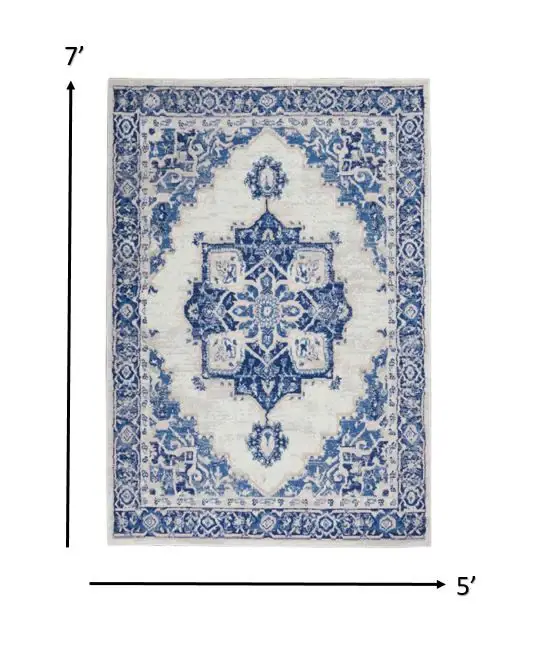 5' X 7' Blue And Ivory Floral Dhurrie Area Rug - Image 3