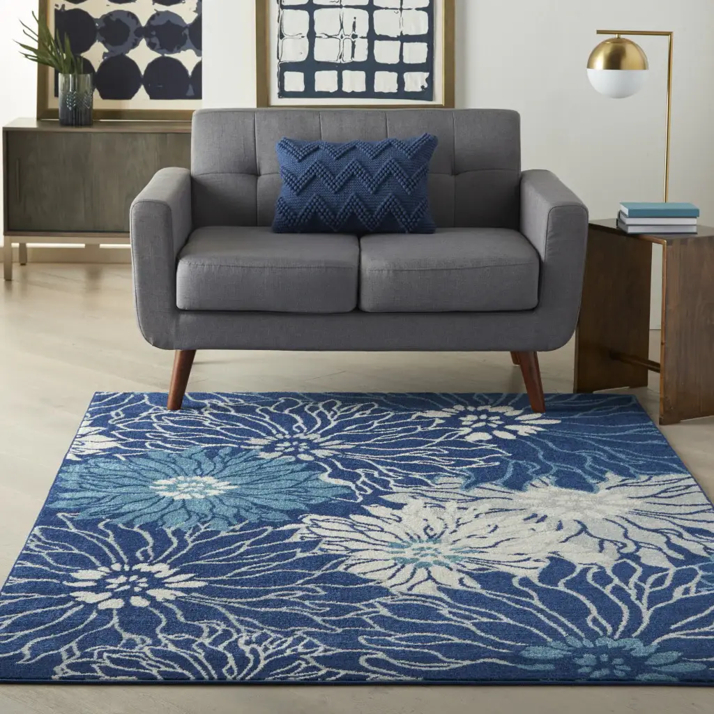 5' X 7' Blue And Ivory Floral Power Loom Area Rug - Image 6
