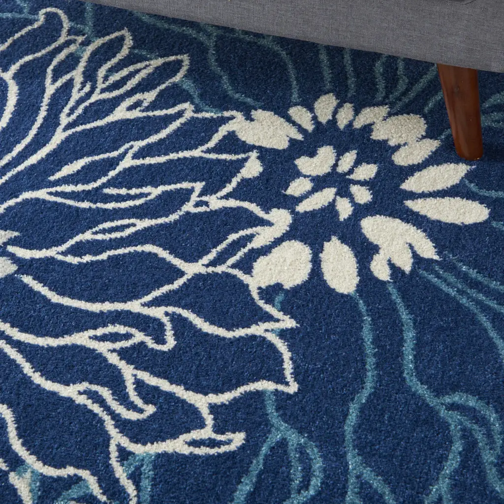 5' X 7' Blue And Ivory Floral Power Loom Area Rug - Image 7