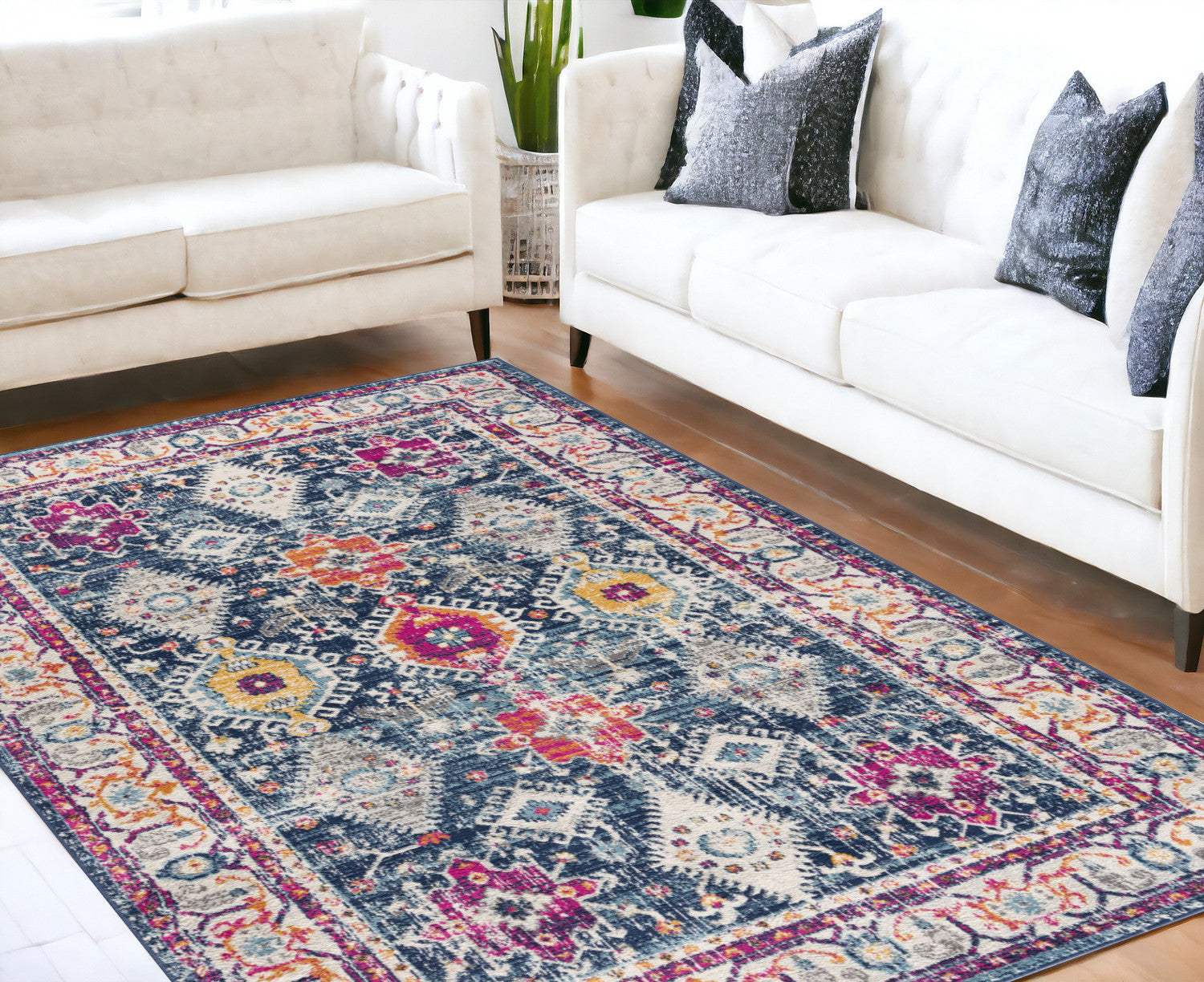 5' X 7' Blue and Ivory Oriental Area Rug