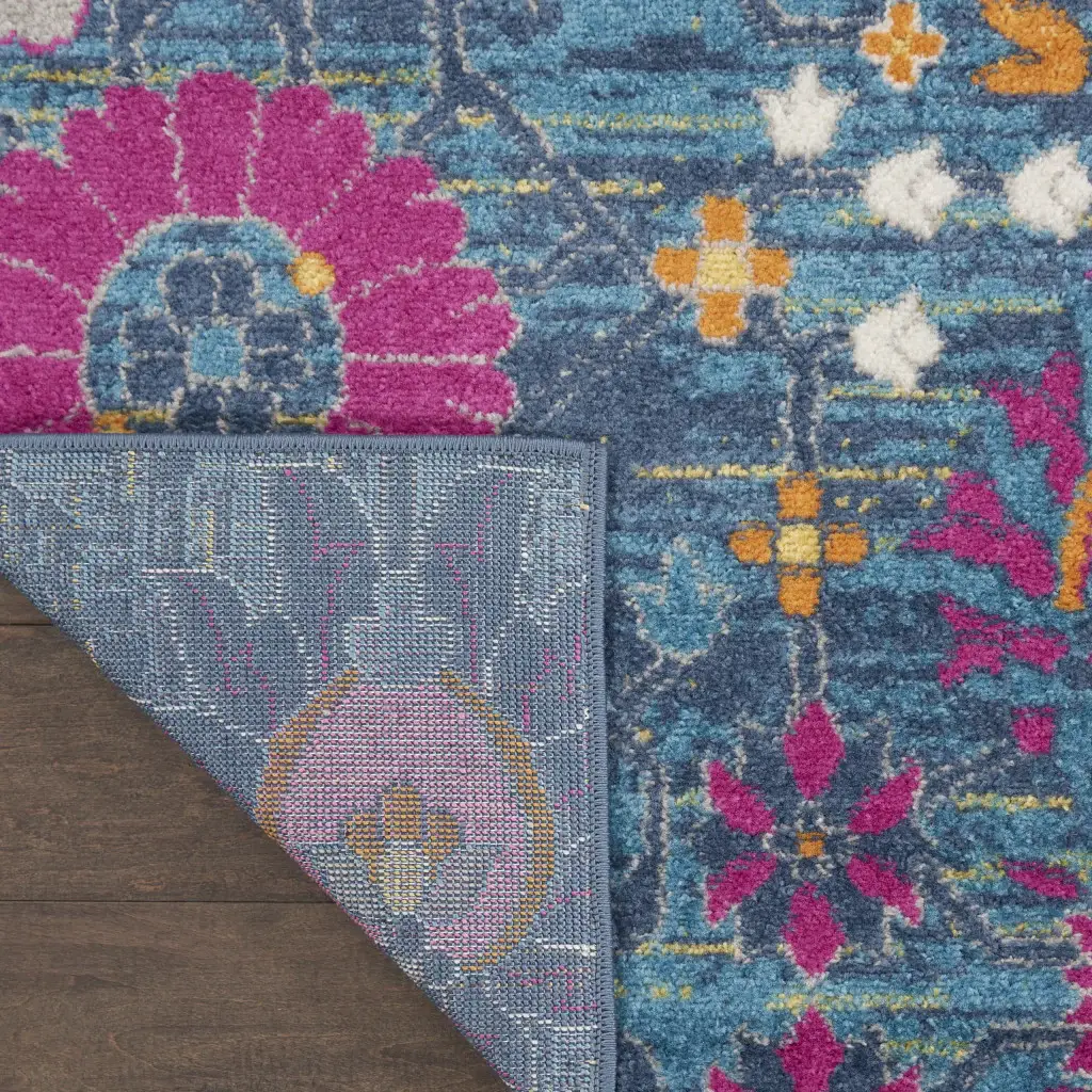 5' X 7' Blue And Orange Floral Power Loom Area Rug - Image 4