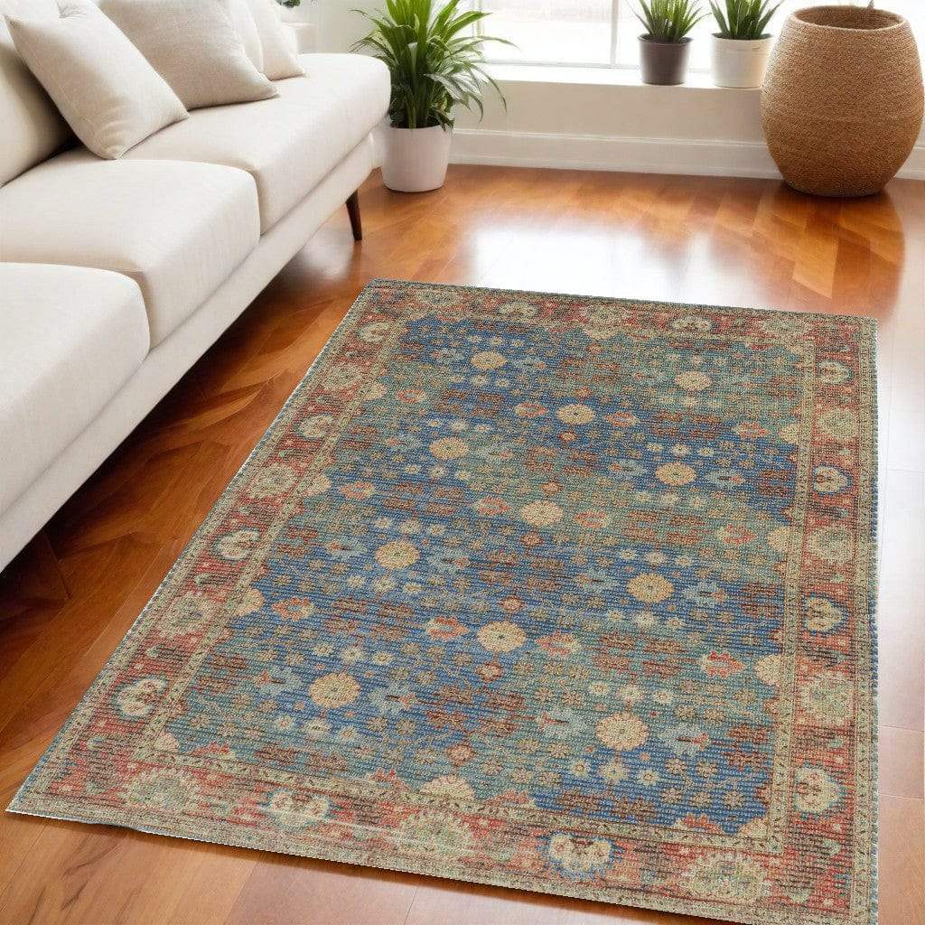 5' X 7' Blue and Red Floral Medallion Hand Woven Area Rug