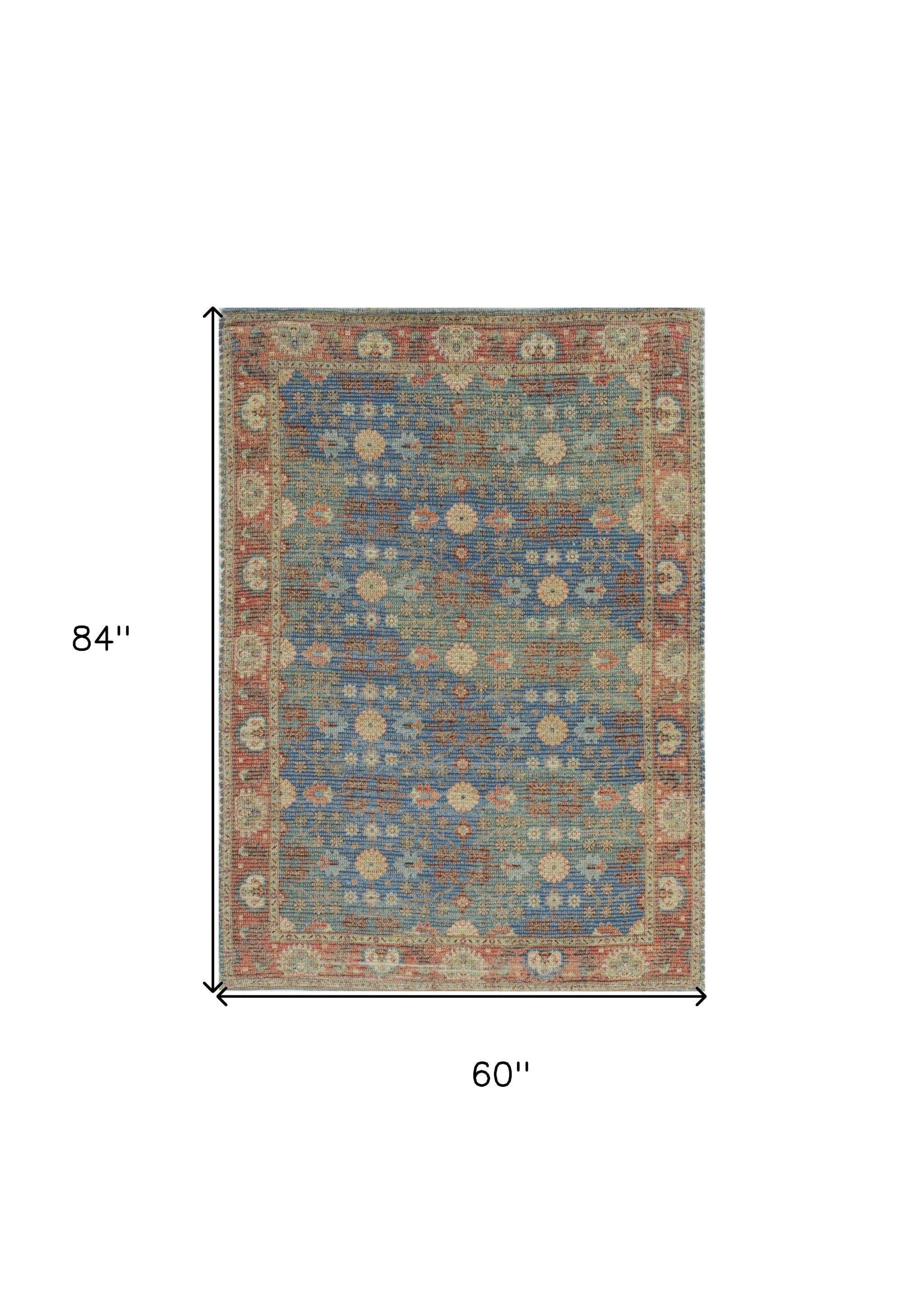 5' X 7' Blue and Red Floral Medallion Hand Woven Area Rug - Image 3