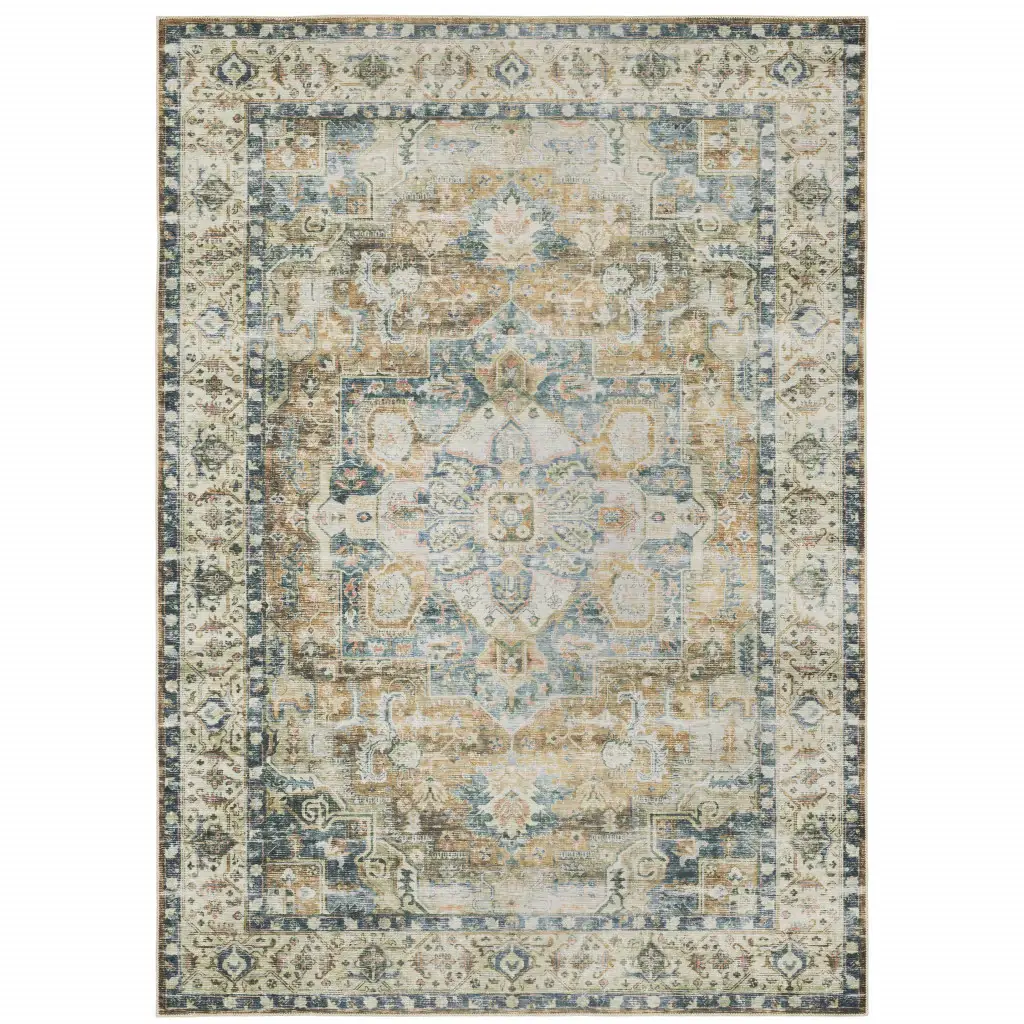 5' X 7' Blue Gold Brown Green And Salmon Oriental Printed Stain Resistant Non Skid Area Rug - Image 2