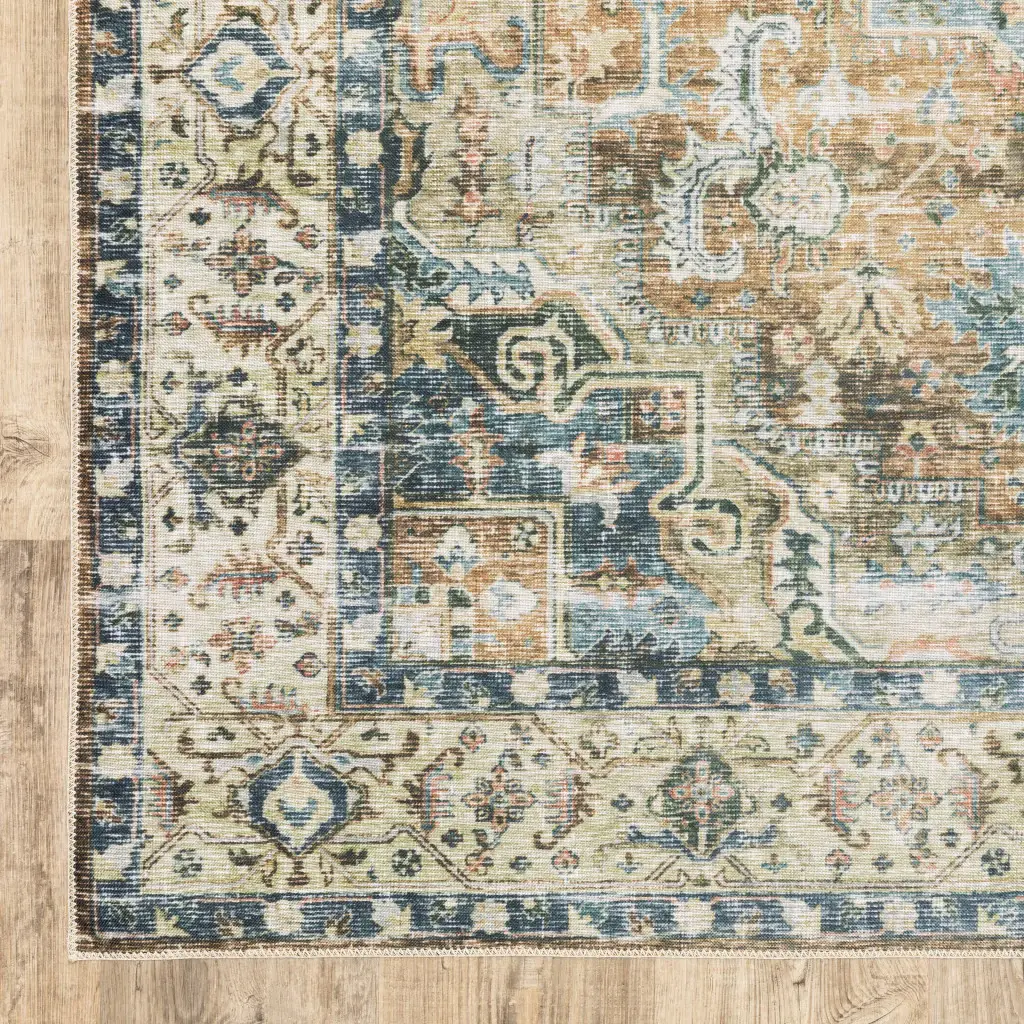 5' X 7' Blue Gold Brown Green And Salmon Oriental Printed Stain Resistant Non Skid Area Rug - Image 4