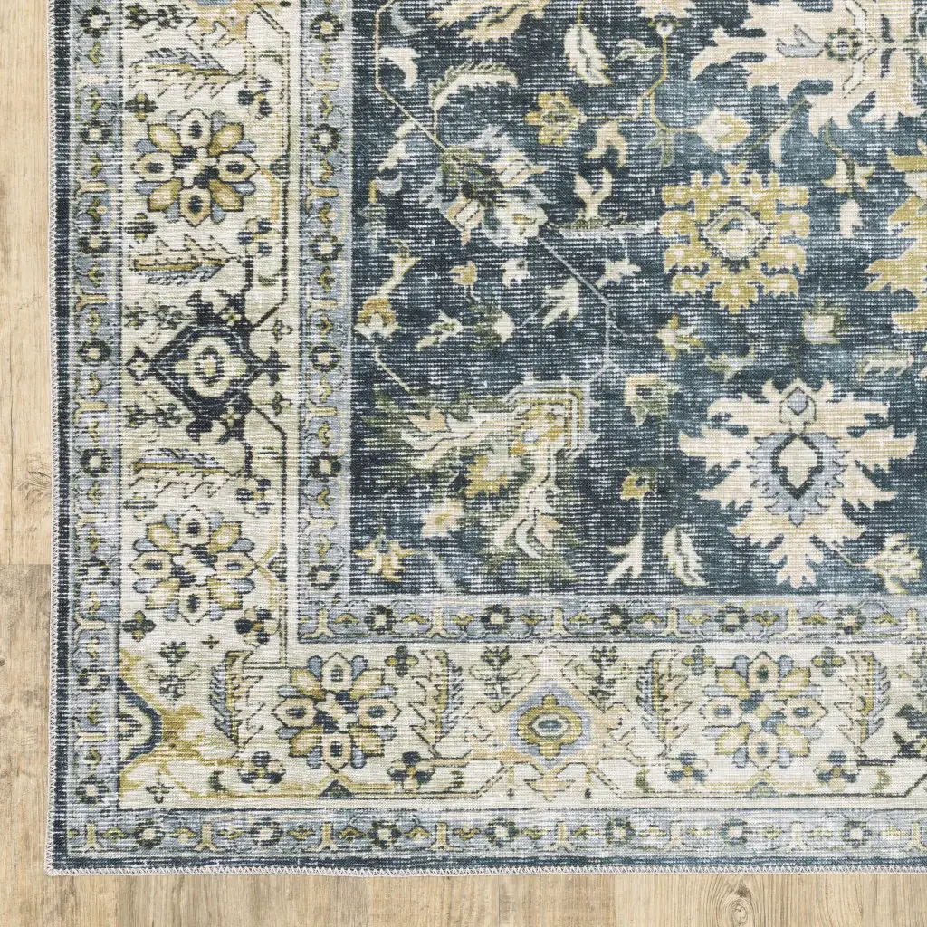 5' X 7' Blue Gold Green And Ivory Oriental Printed Stain Resistant Non Skid Area Rug - Image 4