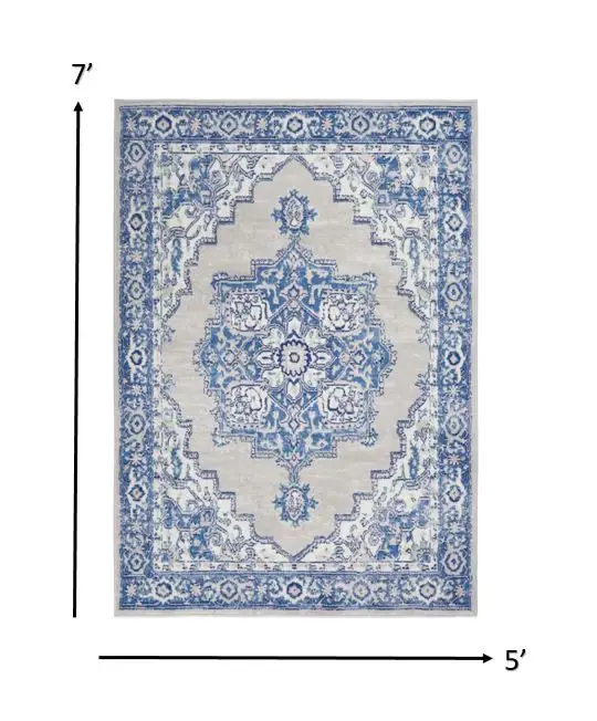 5' X 7' Blue Gray Floral Dhurrie Area Rug - Image 3