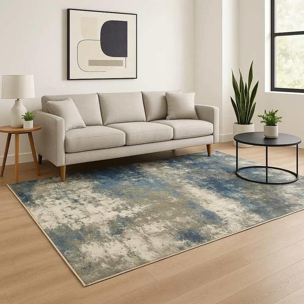 5' X 7' Blue Grey And Beige Abstract Power Loom Stain Resistant Area Rug