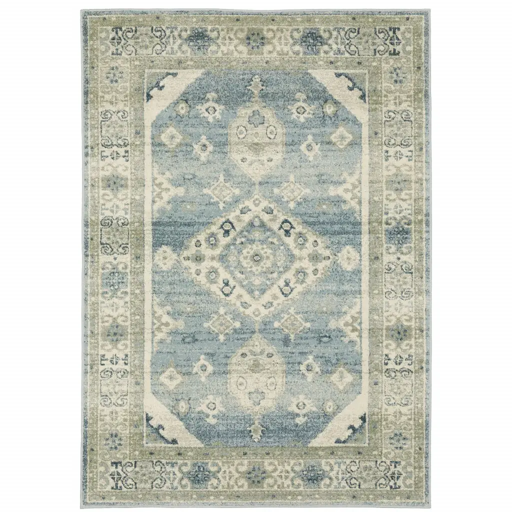 5' X 7' Blue Grey Beige And Teal Oriental Power Loom Stain Resistant Area Rug - Image 2