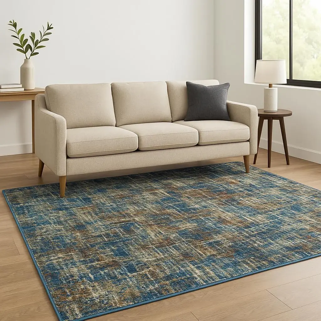 5' X 7' Blue Teal Gold Rust And Beige Abstract Power Loom Stain Resistant Area Rug - Image 2