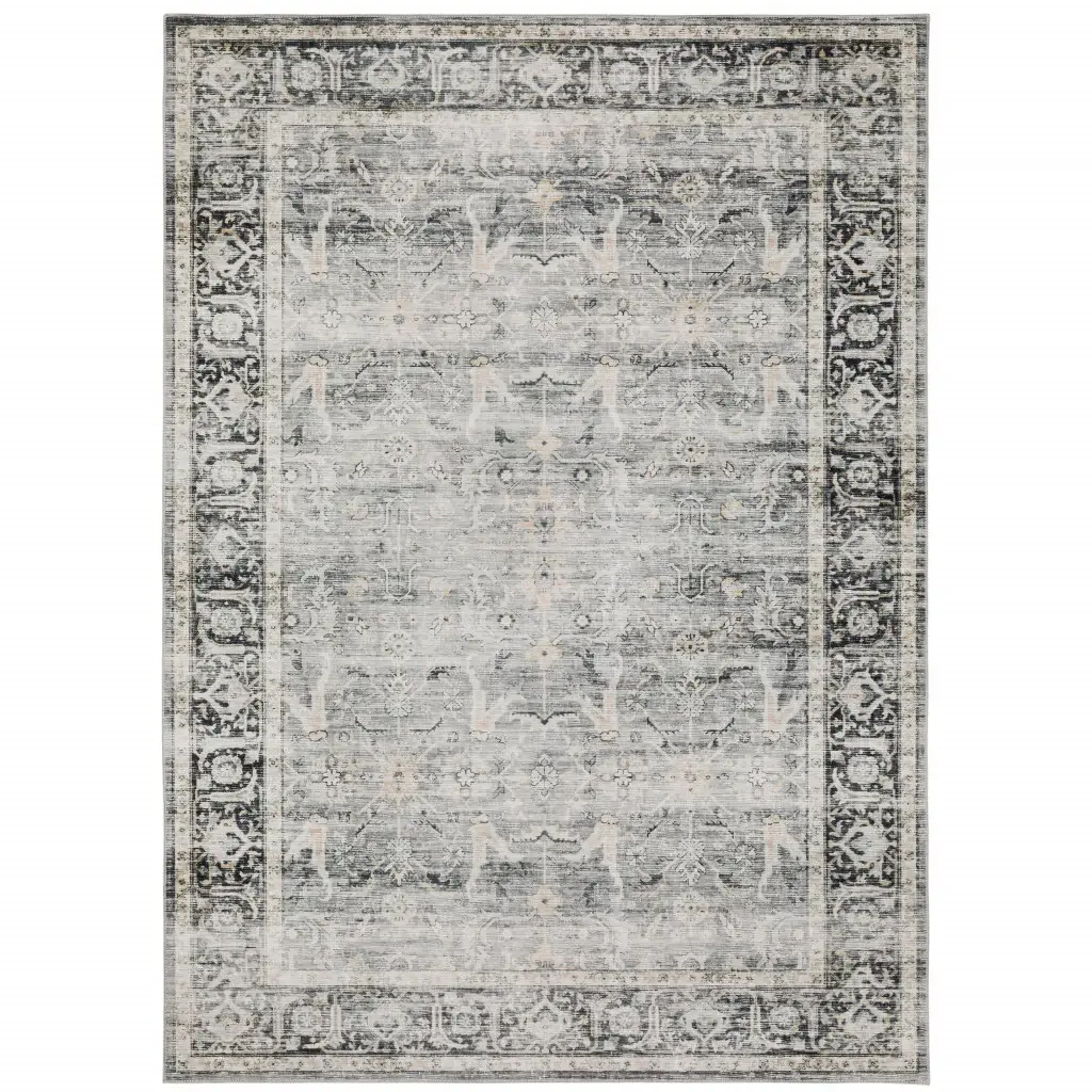 5' X 7' Charcoal Grey Salmon And Ivory Oriental Printed Stain Resistant Non Skid Area Rug - Image 2