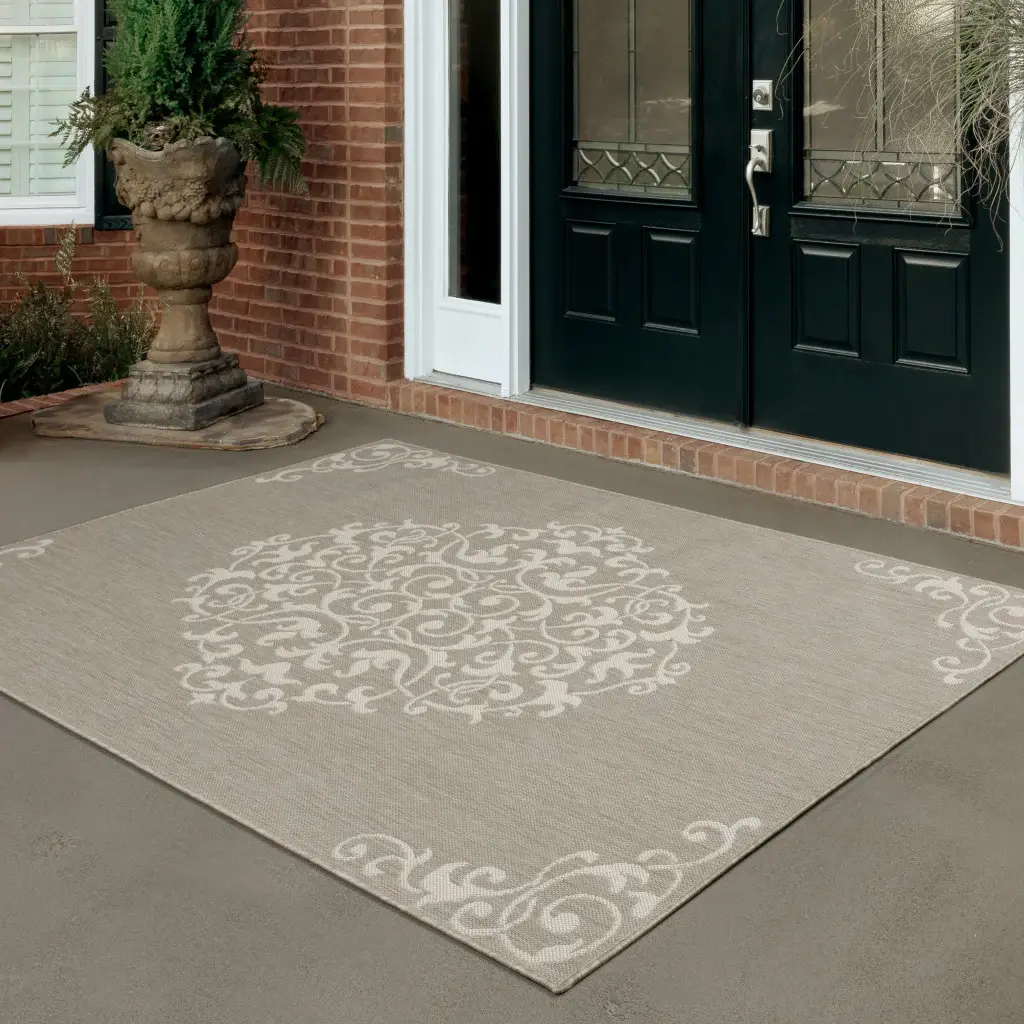 5' X 7' Gray and Ivory Oriental Stain Resistant Indoor Outdoor Area Rug - Image 8