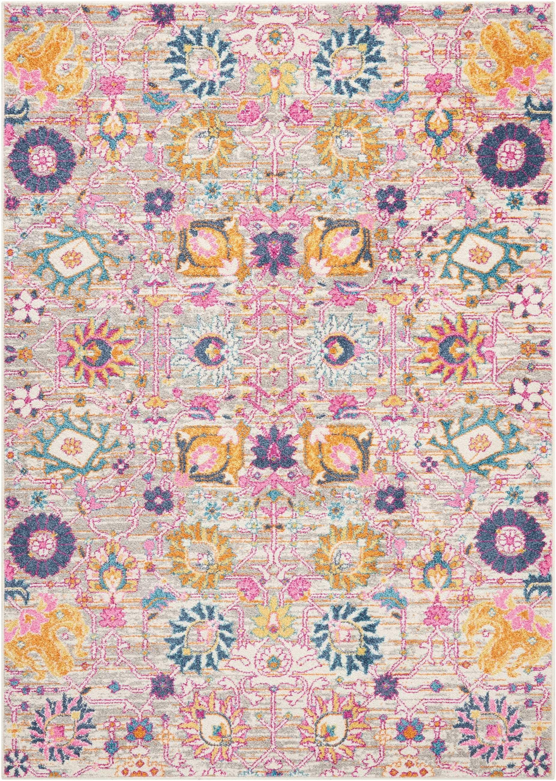 5' X 7' Gray and Pink Floral Power Loom Distressed Area Rug - Image 2