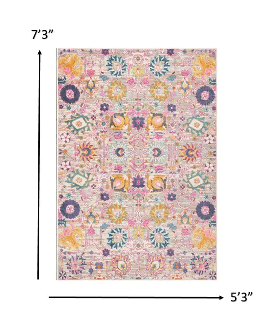 5' X 7' Gray and Pink Floral Power Loom Distressed Area Rug - Image 4