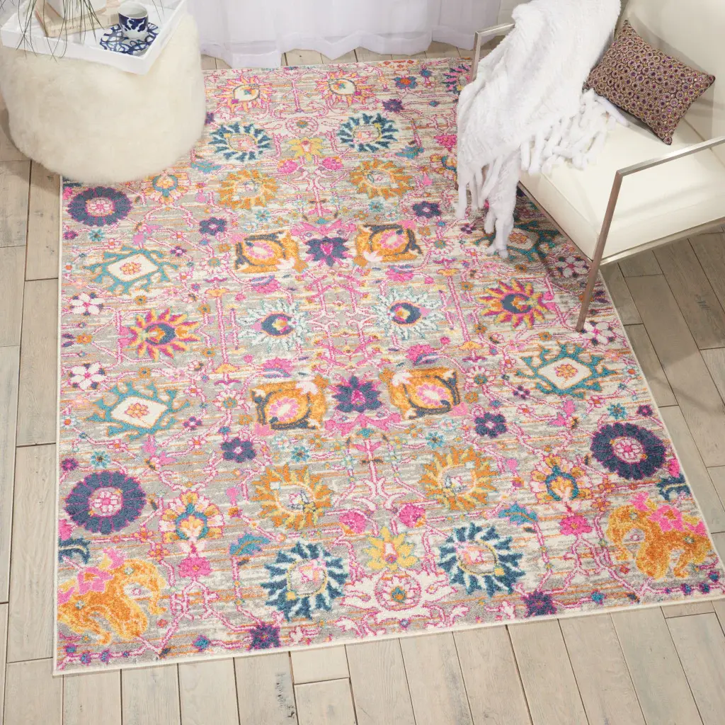 5' X 7' Gray and Pink Floral Power Loom Distressed Area Rug - Image 8