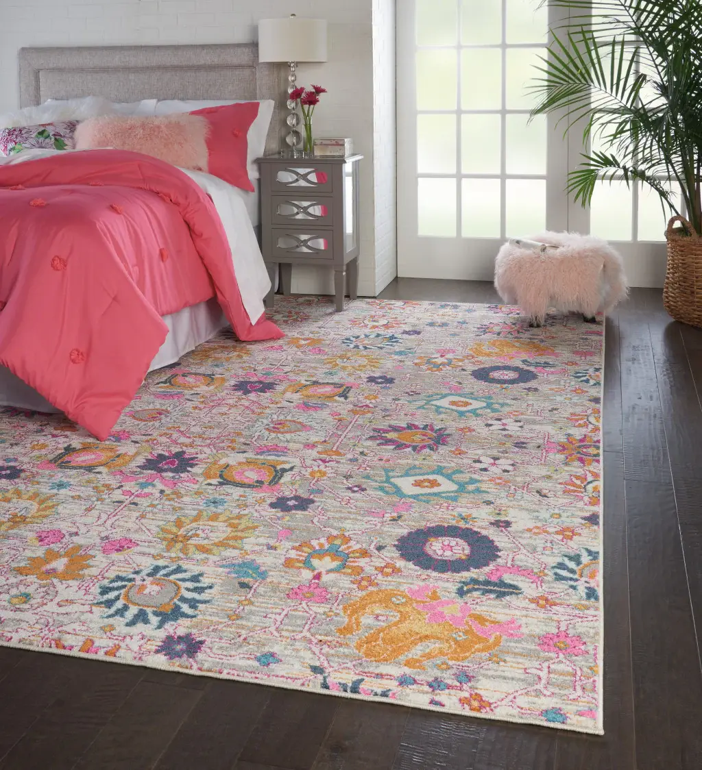 5' X 7' Gray and Pink Floral Power Loom Distressed Area Rug - Image 9