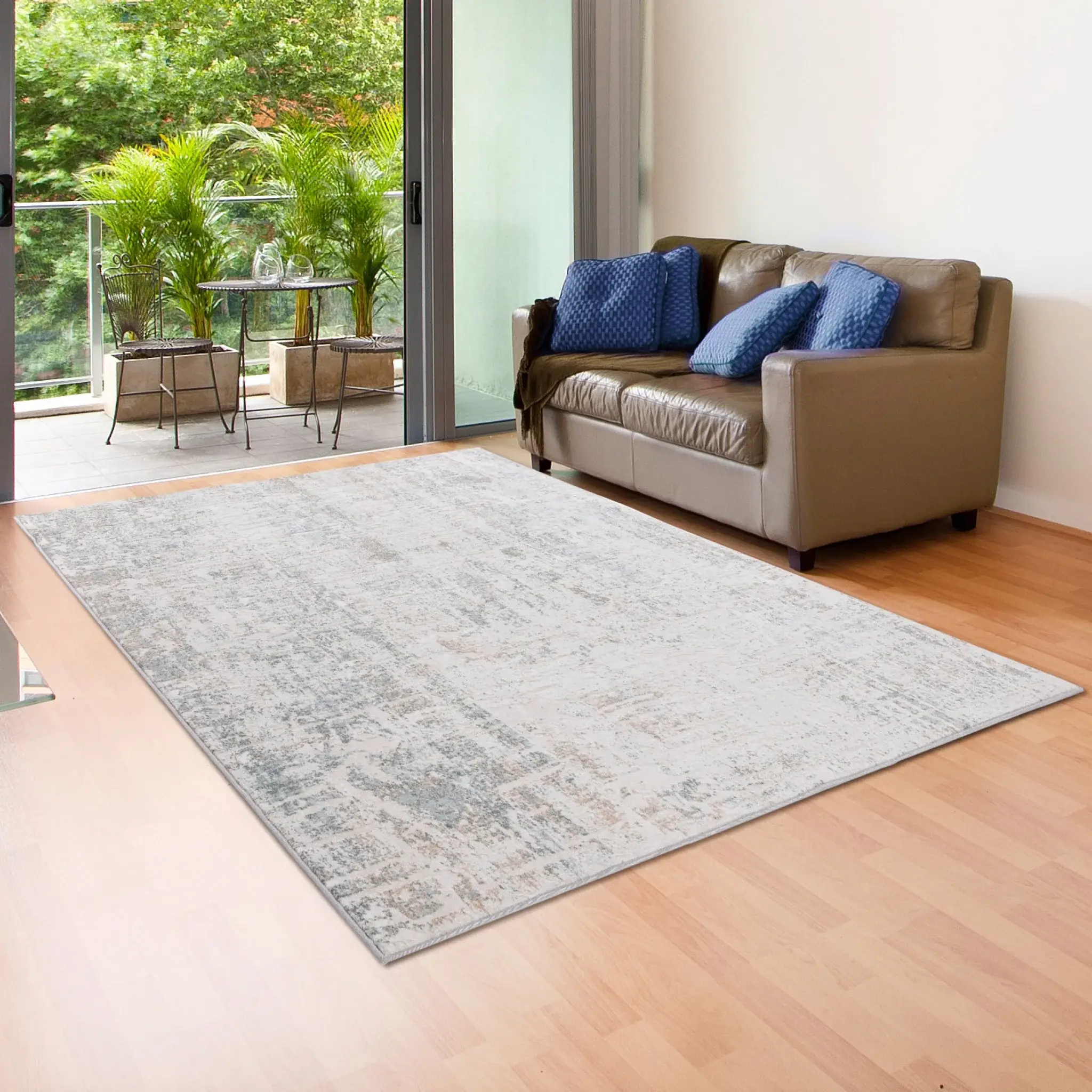 5' X 7' Gray Blue Taupe And Cream Abstract Distressed Stain Resistant Area Rug - Image 3