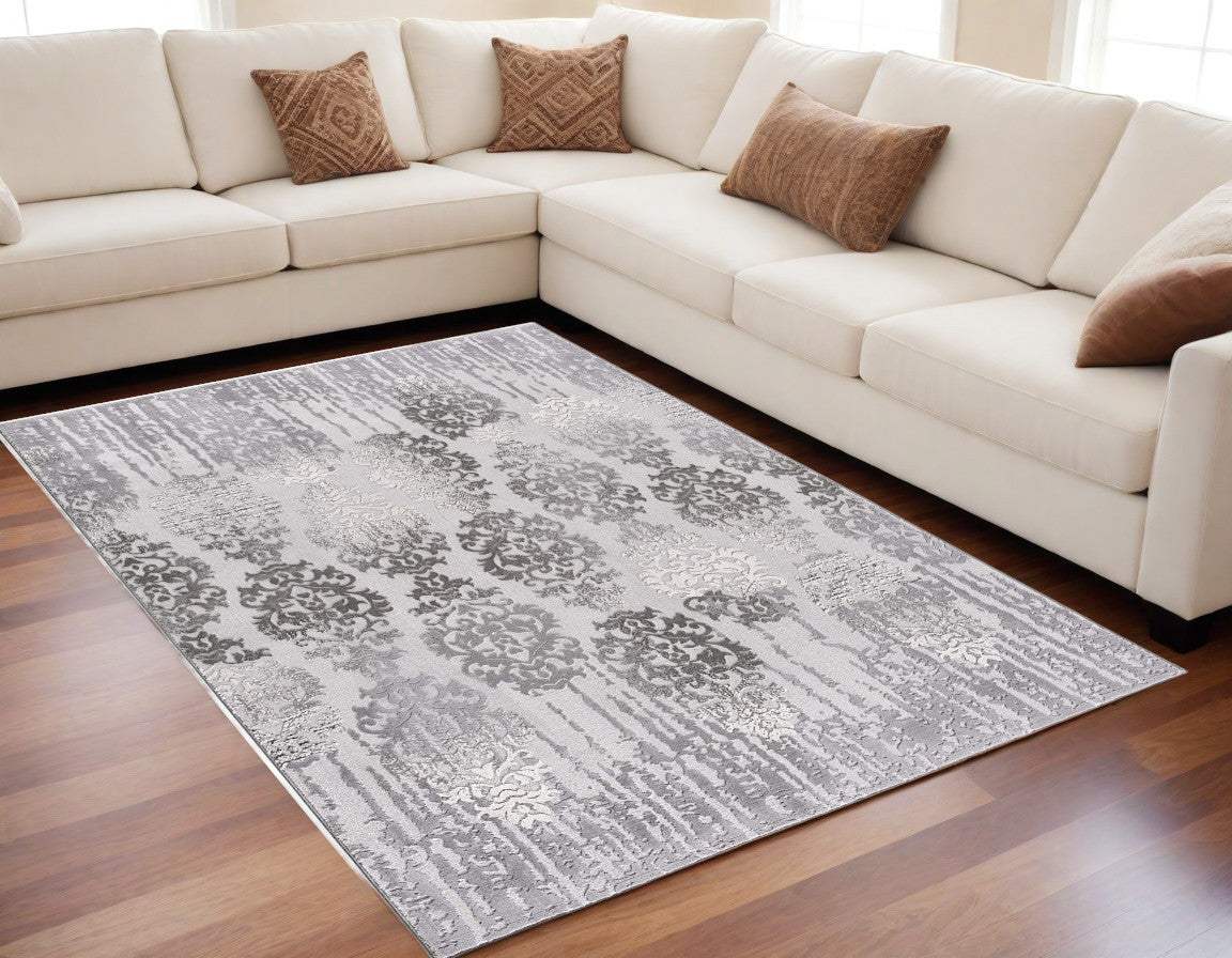 5' X 7' Gray Damask Power Loom Area Rug