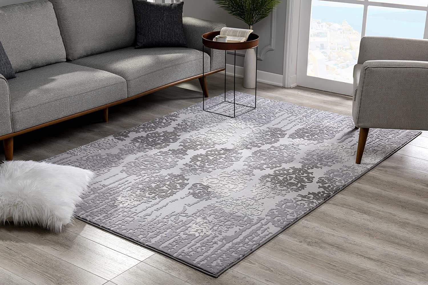 5' X 7' Gray Damask Power Loom Area Rug - Image 4