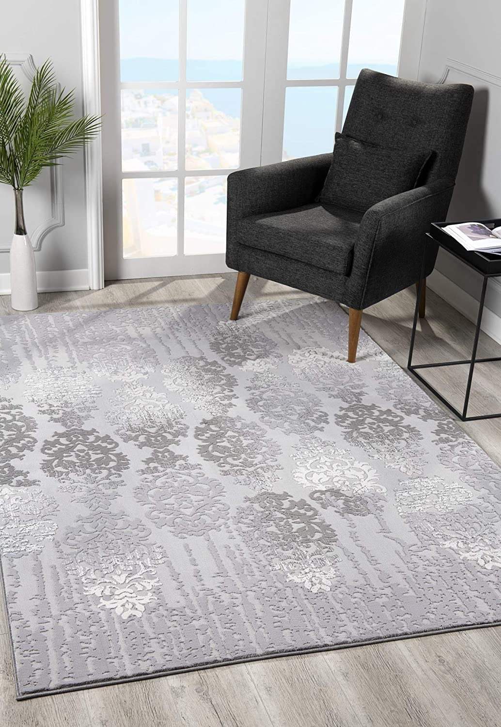 5' X 7' Gray Damask Power Loom Area Rug - Image 5