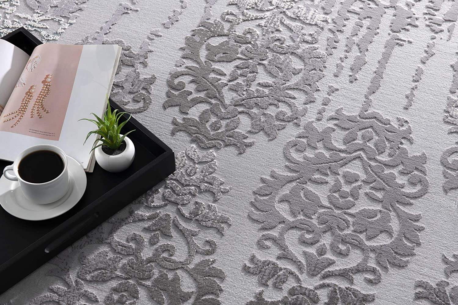 5' X 7' Gray Damask Power Loom Area Rug - Image 6