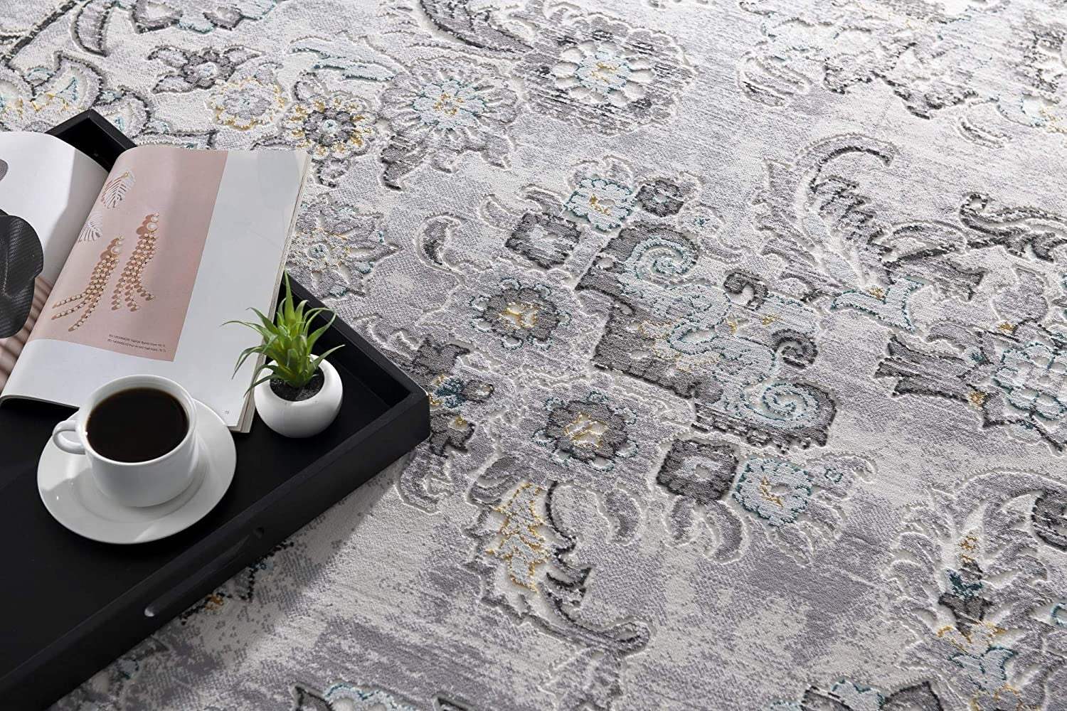 5' X 7' Gray Damask Power Loom Area Rug - Image 4