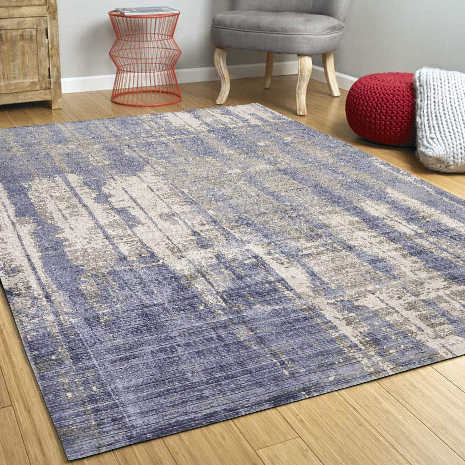 5' X 7' Grey Blue Hand Loomed Abstract Brushstroke Indoor Area Rug - Image 8
