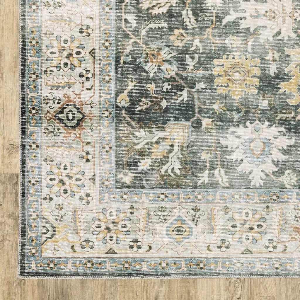 5' X 7' Grey Charcoal Gold Brown Ivory Pale Sage And Light Blue Oriental Printed Stain Resistant Non Skid Area Rug - Image 4