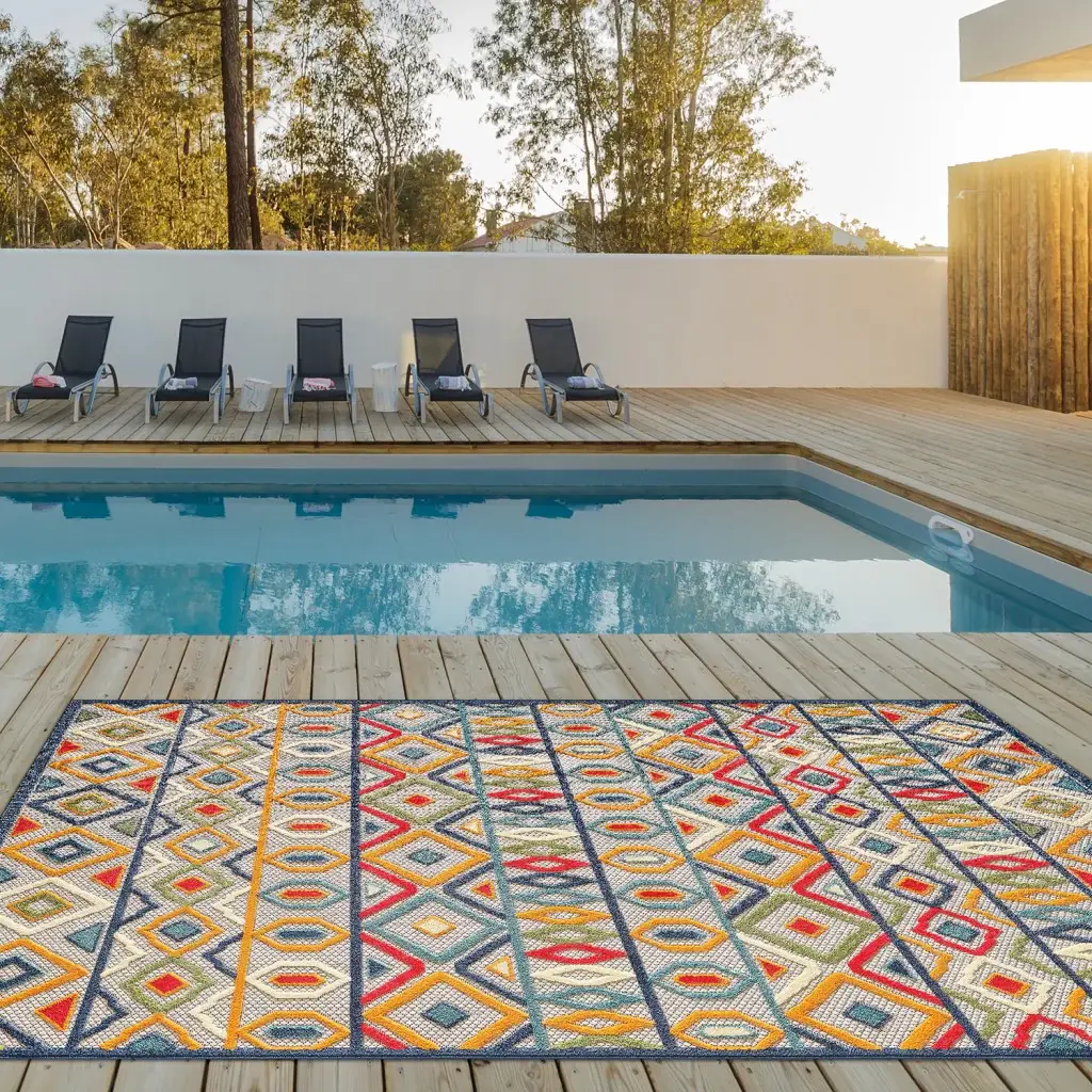 5' X 7' Ivory And Blue Southwestern Stain Resistant Indoor Outdoor Area Rug - Image 6